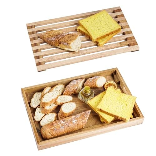 Nuvograin Wood Bread Cutting Board With Slicer, Crumb Tray and Holder - Serving Tray for Kitchen, Color Combination Design - For Cake, Bagels - 9.53" Wide x 1.46" Tall