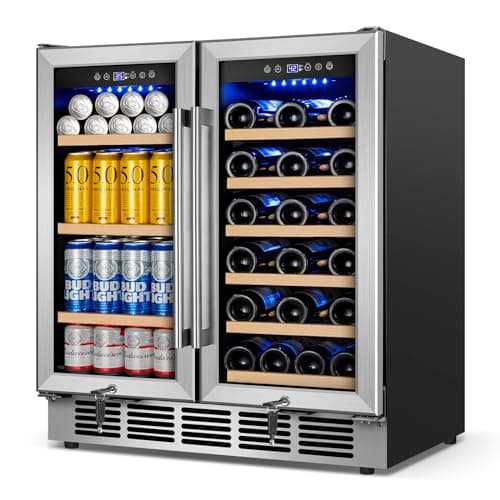 ICEPURE Wine and Beverage Refrigerator 24 Inch, Dual Zone Wine and Beverage Cooler with Glass Door, Freestanding or Built-In Wine Fridge Under Counter Lockable, Hold 19 Bottles and 58 Cans, Dark Black