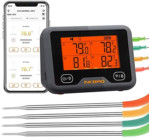 Bluetooth and WiFi Meat Thermometer IBBQ-4BW, Smart Wireless Grill Thermometer, 4 Color Probes | Mobile Notification, High/Low Timer, Rechargeable Digital Bluetooth Thermometer for Smoker Oven Kitchen
