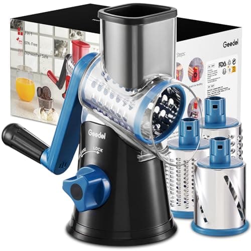 Geedel Rotary Cheese Grater, Kitchen Mandoline Vegetable Slicer with 3 Interchangeable Blades, Easy to Clean Rotary Grater Slicer for Fruit, Vegetables, Nuts