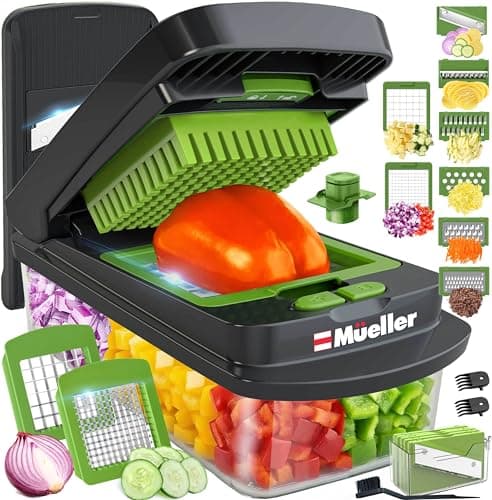 Mueller Pro-Series 10-in-1, 8 Blade Vegetable Chopper, Onion Mincer, Cutter, Dicer, Egg Slicer with Container, French Fry Cutter Potato Slicer, Home Essentials, Salad Chopper,Gray/Green