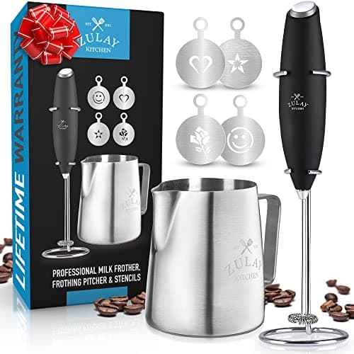 Zulay Premium Gift Milk Frother Set – Handheld Coffee Frother with Stand, 12oz/350ml Frothing Pitcher + 4 Latte Art Stencils – 13,000 RPM Motor, SS Whisk, Battery Operated – Barista Kit (OG Black)