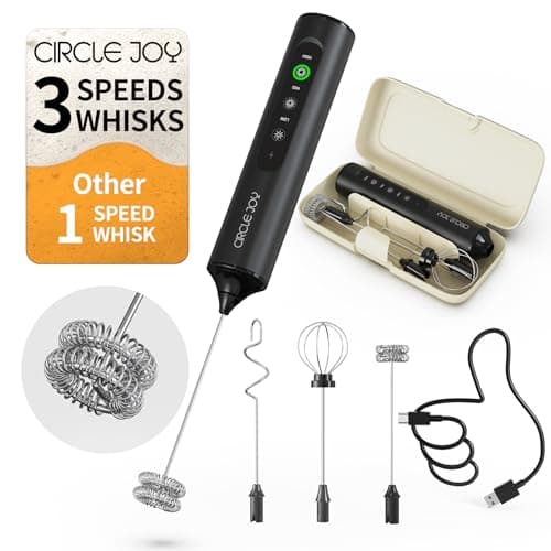 CIRCLE JOY Rechargeable Handheld Milk Frother Wand with 3 Variable Speeds, 3 Whisks and Storage Box, Electric Drink Mixer for Latte, Cappuccino, Hot Chocolate, Eggs and Protein Powder, Black