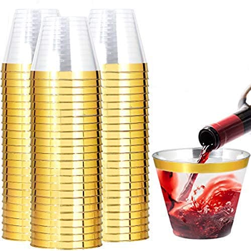 I00000 200 Pack Gold Plastic Cups, 9 Oz Elegant Clear Plastic Cups