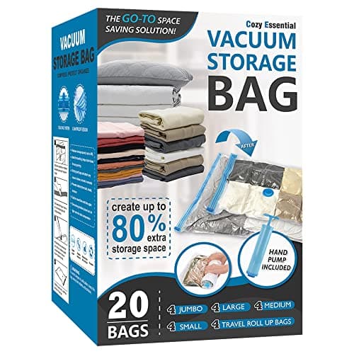 Cozy Essential 20 Pack Vacuum Storage Bags, Space Saver Bags (4 Jumbo/4 Large/4 Medium/4 Small/4 Roll) Compression for Comforters and Blankets, Pillow, Bedding, Sealer Clothes Storage