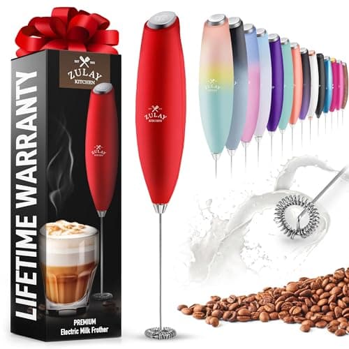 Zulay Powerful Milk Frother for Coffee with Upgraded Titanium Motor - Handheld Frother Electric Whisk, Milk Foamer, Mini Mixer and Coffee Blender Frother for Frappe, Latte, Matcha, No Stand - Red