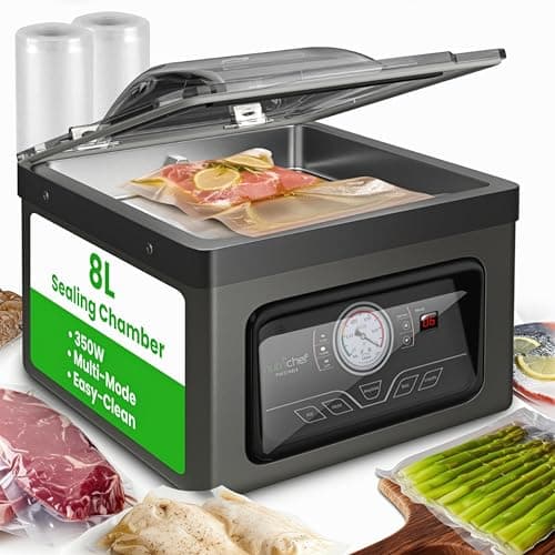 NutriChef Automatic Vacuum Sealer for Food, 350W Commercial-Grade Stainless Steel Food Vacuum Sealer for Meat, Vegetables & Sous Vide, 8L Adjustable Chamber, Includes 10 Reusable Bags, 18" x 14" x 14"