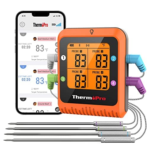 ThermoPro 650 ft Bluetooth Meat Thermometer with 4 Color-Coded Probes, Wireless Meat Thermometer Digital Wireless with Timer, Commercial Cooking Tools & Utensils Rechargeable for Smoker Oven