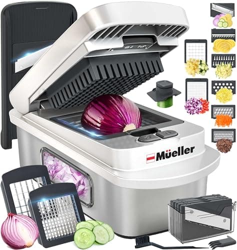 Mueller Pro-Series 10-in-1, 8 Blade Stainless Steel Multi Vegetable Chopper And Mandoline Slicer, Kitchen Accessories and Essentials, Food and Veggie Chopper, Mincer, Dicer, White Sand/Grey