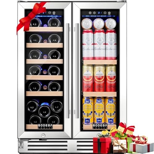 Wine and Beverage Refrigerator 24", Upgraded Dual Zone Wine Beverage Cooler with Glass Door and French Door, Hold 21 Bottles & 88 Cans, Built-In or Freestanding - Black