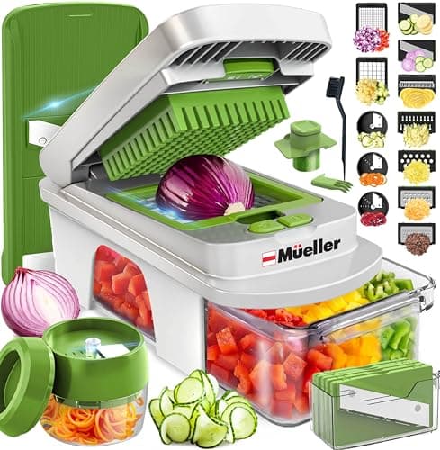 Mueller Vegetable Chopper Mandoline Slicer, Food Veggie Chopper, Cheese Grater, Onion Vegetable Cutter with Container, Dicer, Kitchen Gadgets & Essentials, White Sand/Gray