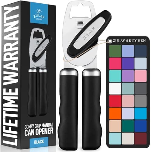 Zulay Kitchen Heavy Duty Stainless Steel Can Opener Manual with Bottle Opener - Rust Proof Manual Can Opener With Turn Knob & Comfy Soft Grip Handles - Black