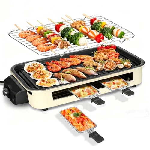 Electric Indoor Grill 1500W, YOHAWJAN 2 in 1 Smokeless Indoor Grills with Non-stick Removable Grill & Griddle Plate, Temperature Control, Portable Korean BBQ Grill with 3 Raclette Cheese Pans