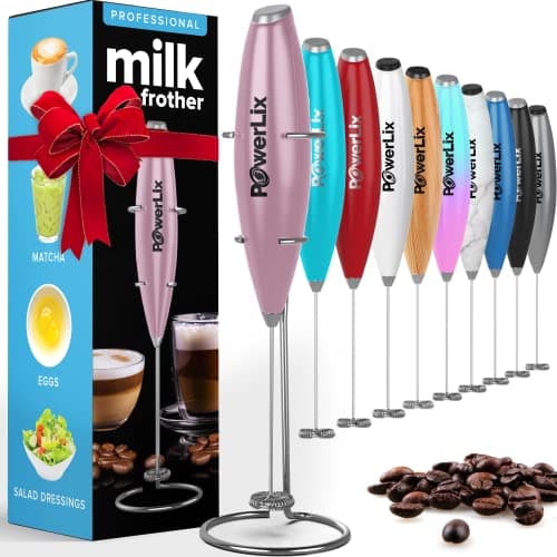 PowerLix Milk Frother Handheld Battery Operated Electric Whisk Foam Maker for Coffee, Latte, Cappuccino, Hot Chocolate, Durable Mini Drink Mixer with Stainless Steel Stand Included (Light Pink)