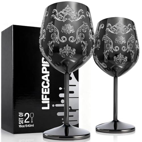 Lifecapido Stainless Steel Wine Glasses Set of 2, 18oz Etched Black Wine Goblets, Unique Wine Glasses with Intricate Baroque Engravings for Party Wedding Anniversary