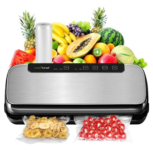 NutriChef Food Vacuum Sealer Machine, Stainless Steel Automatic Air Sealing System for Dry/Moist Foods, LED Touch Controls, Includes Vacuum Hose, Bag Roll and Wine Stopper, 110W Suction Power, 14"x6"