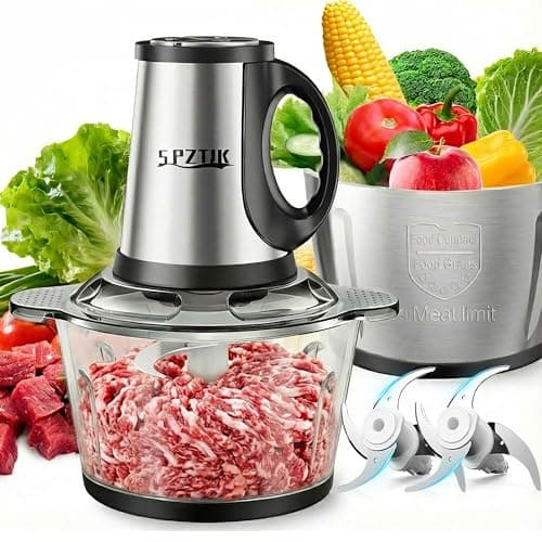 SPZTJK 3-Speed Electric Food Processor: Meat Grinder, Vegetable Chopper & Baby Food Maker - 300W, 2 Bowls (8 Cup Stainless Steel+8 Cup Glass), Quiet Operation