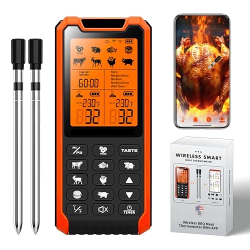 PRAVETTE Smart Bluetooth Meat Thermometer - Long Range Wireless Food Thermometer, Digital Meat Thermometer with Dual Probes for BBQ Grill, Oven, Smoker, Air Fryer