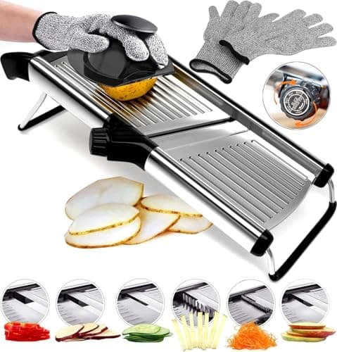 Stainless Steel Mandoline Slicer for Kitchen – 6-Setting Adjustable, 16.5 x 5 In. Platform, Hand Guard, Cut-Resistant Gloves – Vegetable Chopper, Meat Slicer, Cheese Slicer by Medove