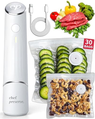 Chef Preserve Compact Vacuum Sealer for Food (Vacuum Sealer Machine + 30 Reusable Vacuum Bags)