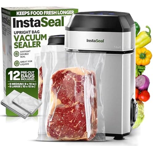 InstaSeal Vacuum Sealer for Food with 12 Bags, Preserves Foods 5x Longer, Space Saving Compact Upright Design Allows Machine to Seal Marinades, Soups, Meats for Sous Vide Cooking, Vegetables