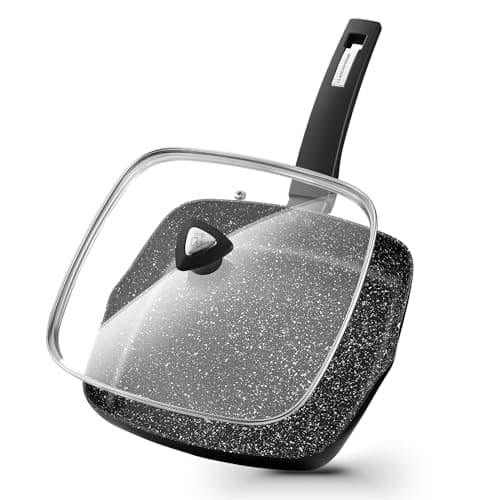 KOCH SYSTEME CS Nonstick Grill Pan 11 Inch, Marble Coating Square Grill Pan with Lid, Ultimate Nonstick Square Skillet with Bakelite Handle, Compatible with All Stovetops, Toxic-Free, 11 Inch