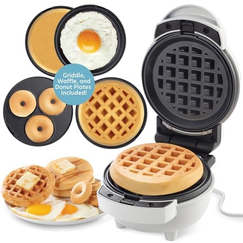 3 in 1 Mini Breakfast Maker- Make Mini Waffles Donuts Pancakes or Eggs all in 1 Multi Use Appliance- Easily Swap & Clean Interchangeable Griddle Plates- Small Electric Nonstick Baker with Recipe Guide