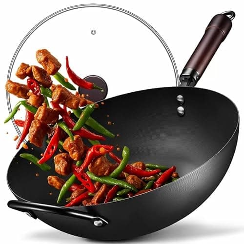 Wok, 13 Inch carbon steel woks & stir-fry pans nonstick, Pre-Seasoned 5.8QT Flat Bottom Chinese Wok Paella Pan with lid, Carbon Steel Cookware, Compatible with All Cooktops